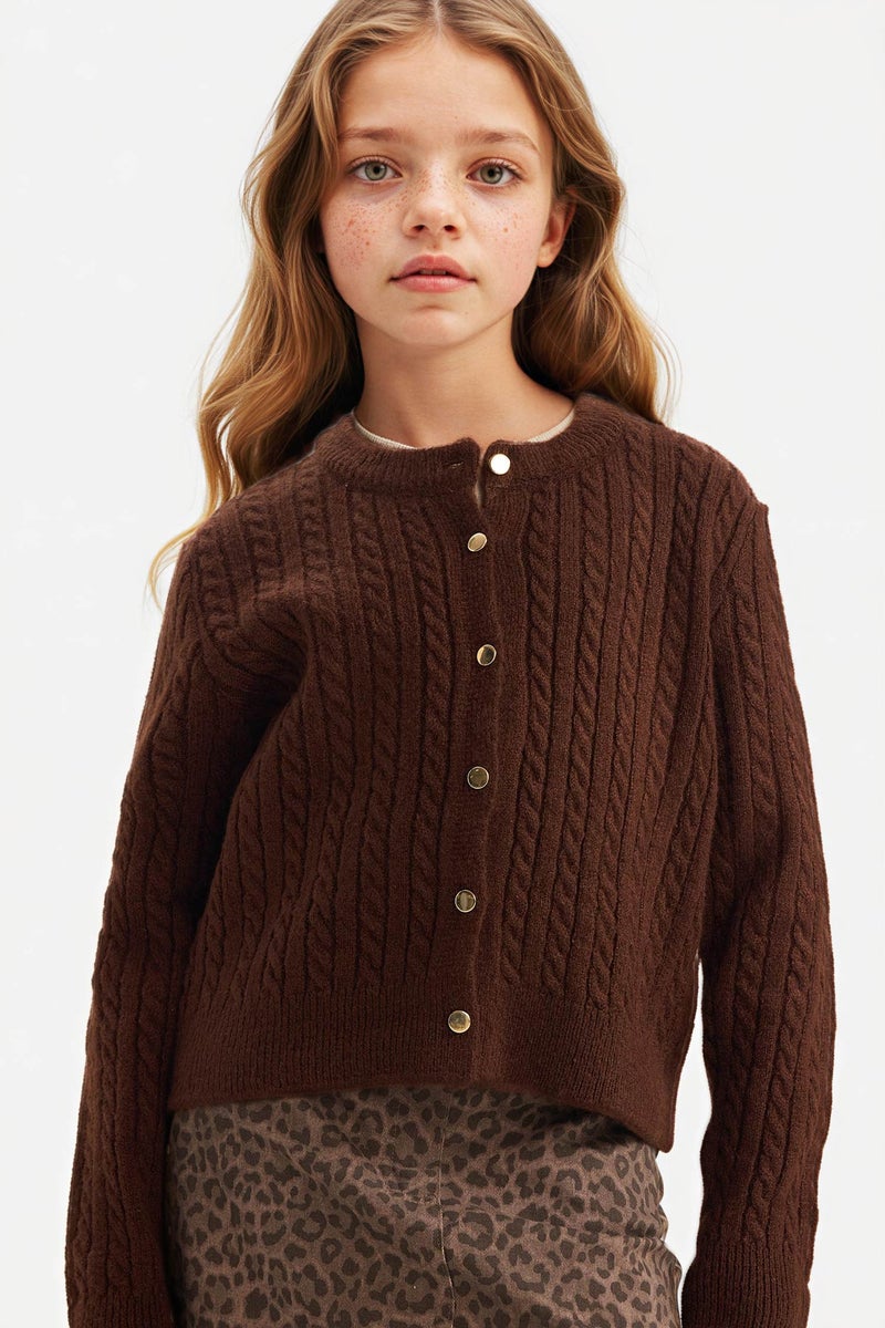 DeFacto Brown Girl Girl Crew Neck Knit Cardigan Casual - Image 1
